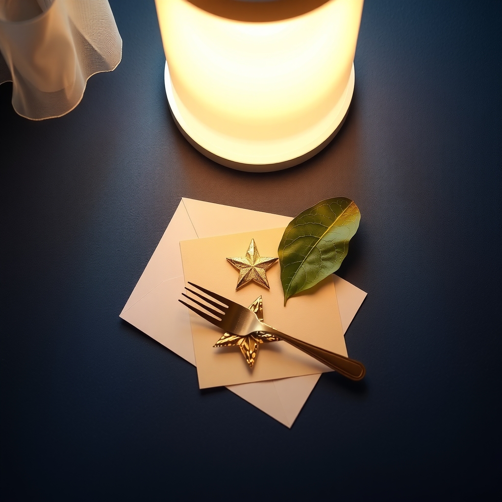 Overlapping paper cards with a gold foil star, cutlery and a leaf on a dark blue surface